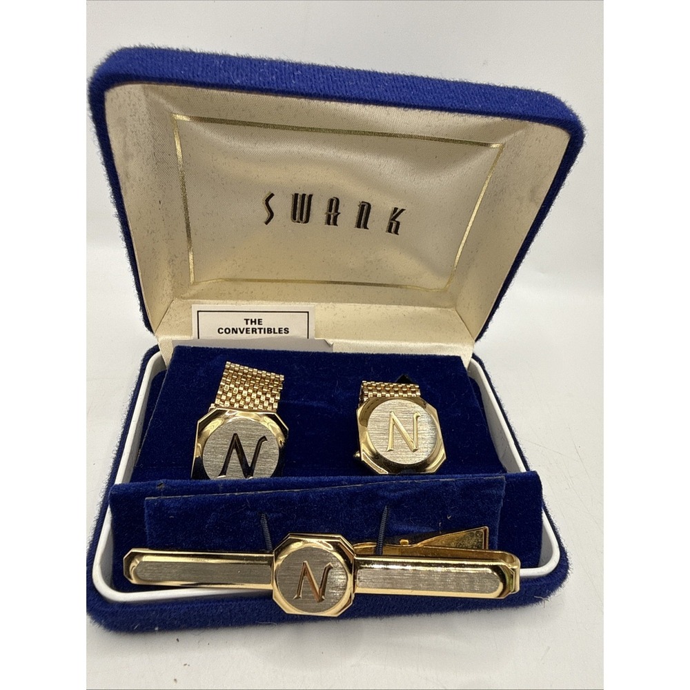 Vintage Swank Monogram "N" Gold Tone Mesh Cufflinks & Tie Clip